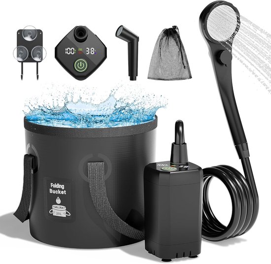 Elektrische Campingdusche, Wiederaufladbar, Mit Intelligenter Led-anzeige, Ipx7, Outdoor-dusche, Campingdusche Mit Duschkopf, Schwarz