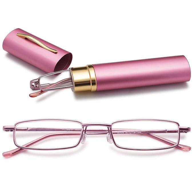 Lesebrille, Metallrahmen, Klassisches Scharnier, Schmale Passform, Lesehilfe, Für Sehtests, Vollrandbrille Mit Etui (rosa) 2.0+