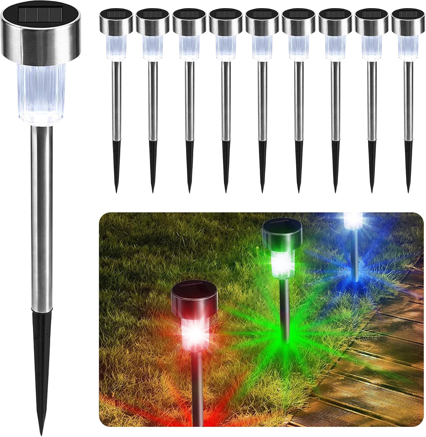 Solar-gartensteckerleuchten – 10er-pack Farbwechselnde Leds, Wetterfeste Edelstahl-solarleuchten Für Die Gartenwegbeleuchtung –