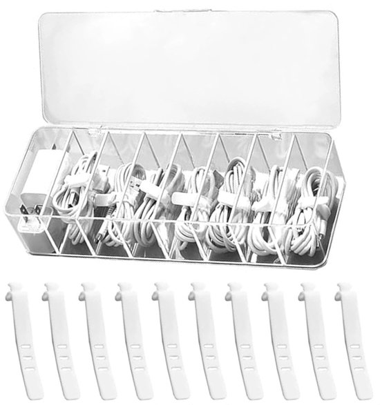 Kabelorganizer – Inkl. 10 Kabelbindern – Transparente Aufbewahrungsbox – 26 X 9 X 5,5 Cm – Usb-kabelaufwickler – Schreibtisch-organizer – Kabelbox
