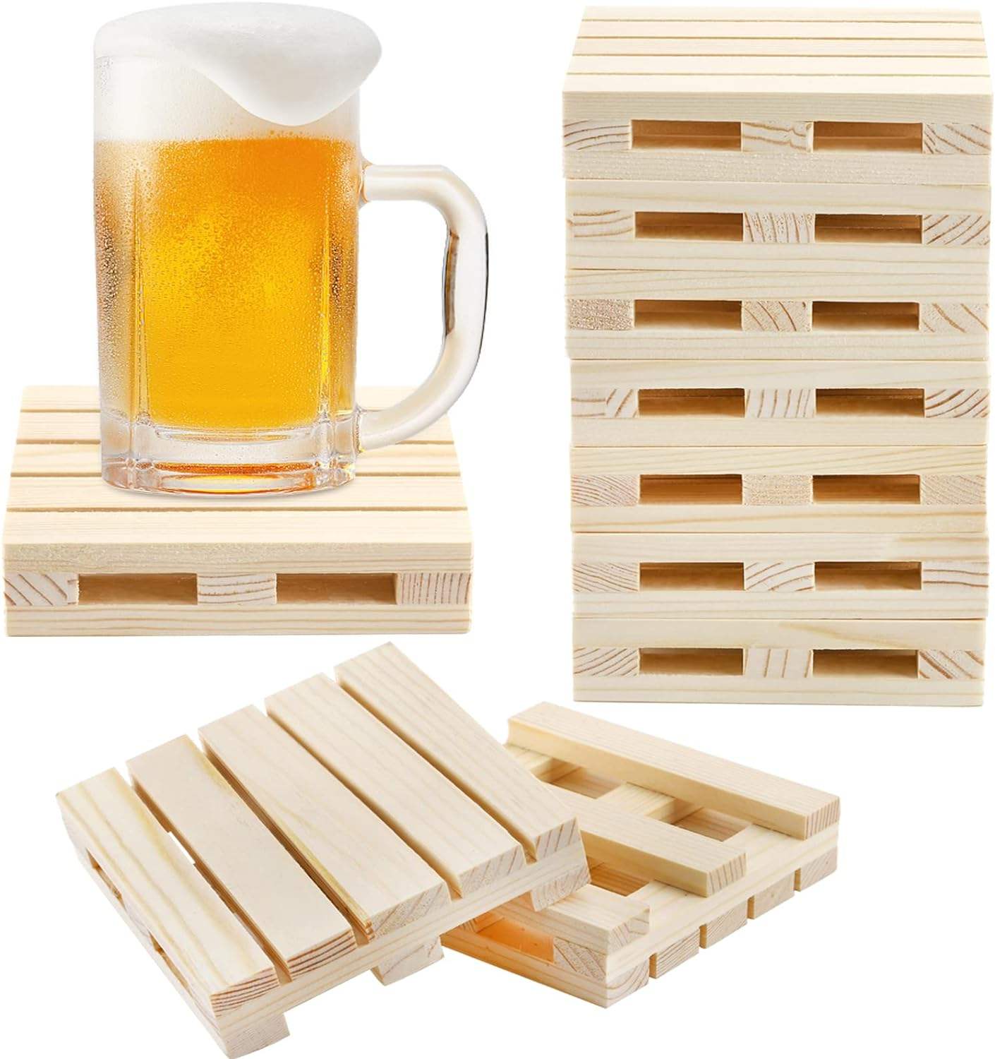 Set Mit 10 Rustikalen Holzuntersetzern (10 Cm) Aus Palettenmaterial Für Den Couchtisch Saugfähige Und Isolierende Untersetzer Für Heiße Speisen Und Getränke.