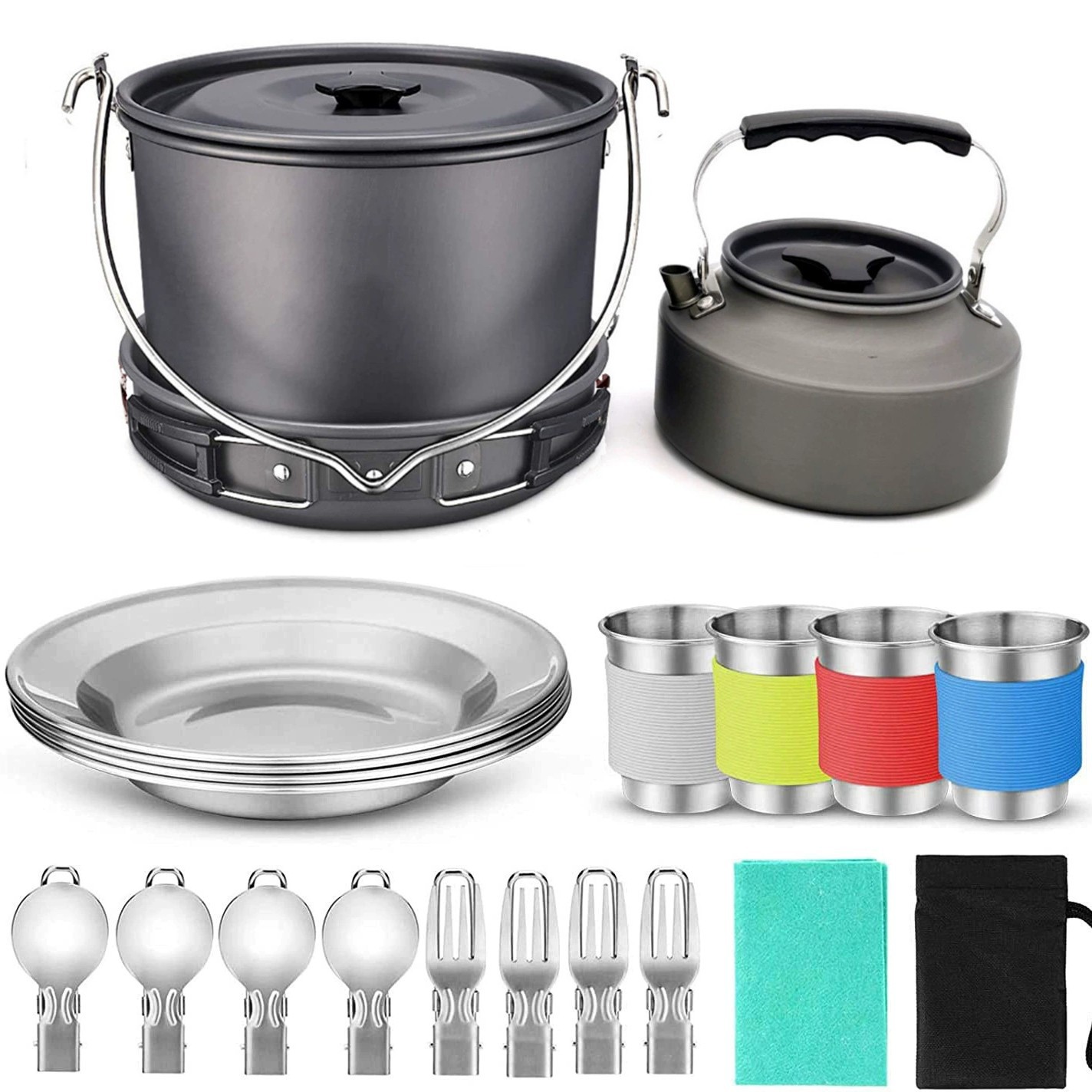 22-teiliges Camping-kochgeschirr-set – Großer Hänge-topf, Pfannen, Kessel – Für 4 Personen – Kochen Im Freien, Camping, Picknick