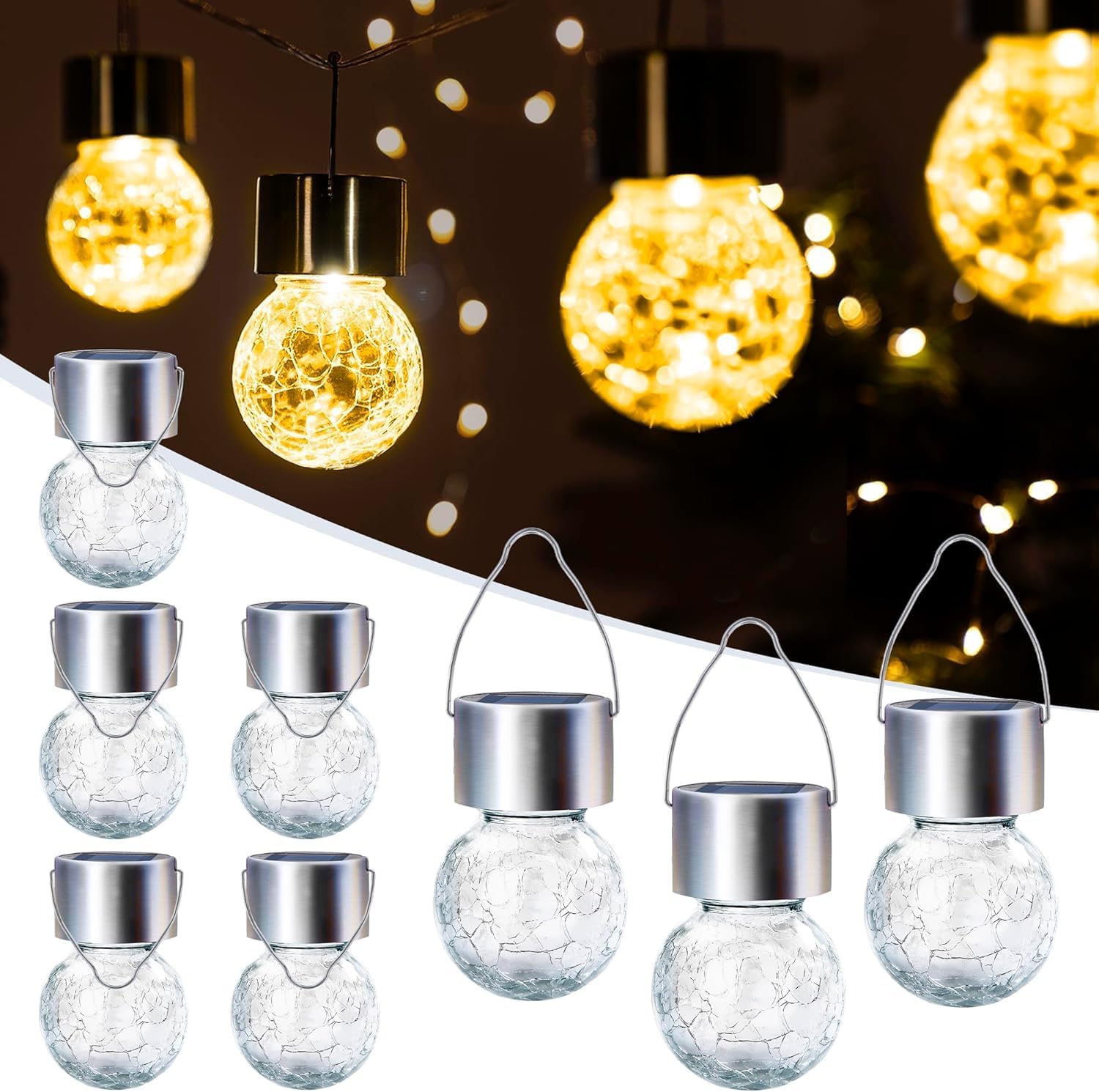 8-teiliges Set Solar-hängelaternen Aus Crackle-glas – Wasserdichte Außenbeleuchtung – Warmweiß – Crackle-glas-design – Geeignet Für Garten, Zaun Und Baum
