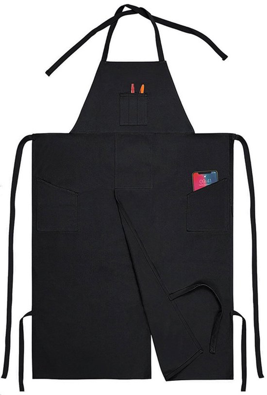 Wasserdichte, Langgeschlitzte Hose, Schürze Mit Taschen, Schwarz.