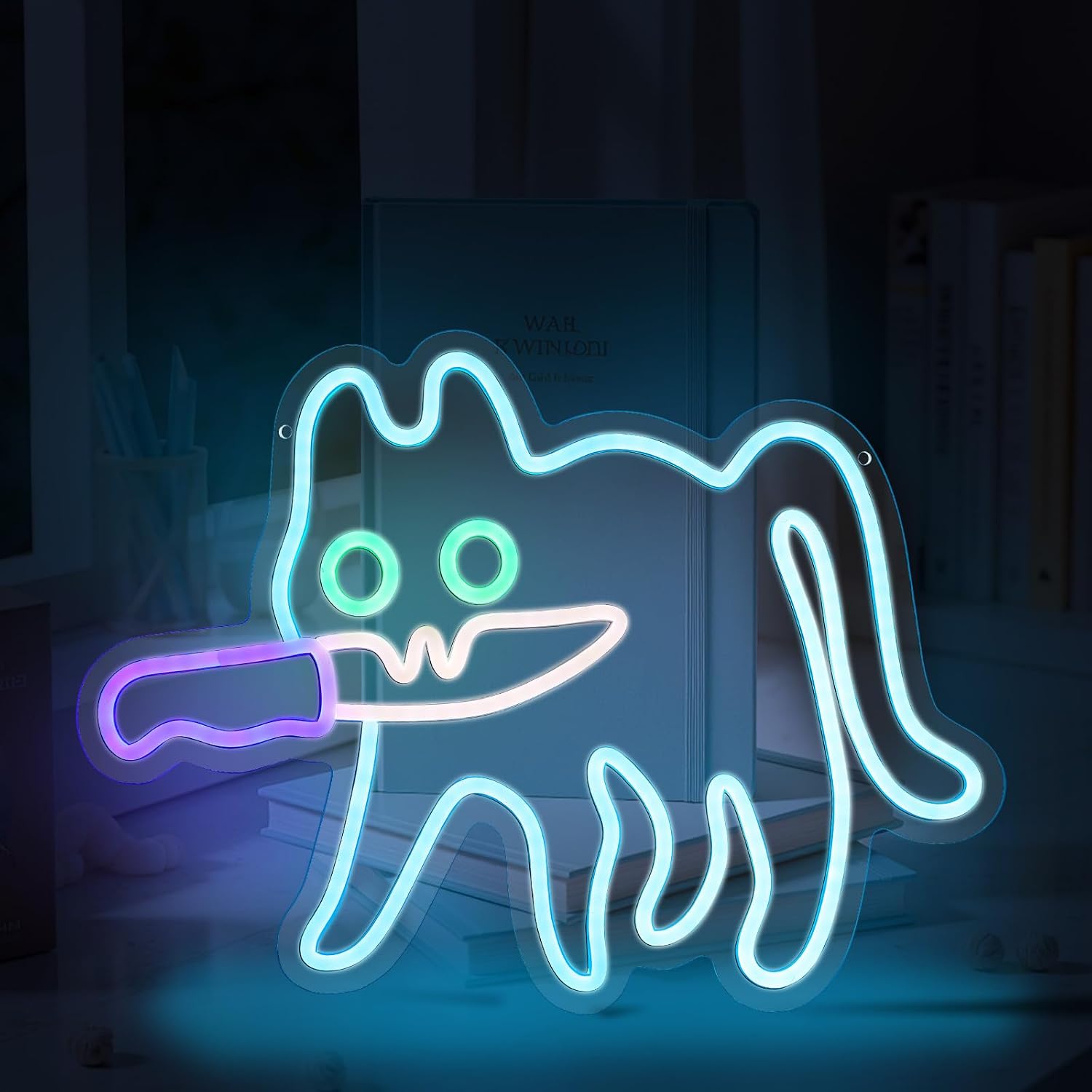 Neon-leuchtschild „katze Und Messer“, Blaue Led-neonlampe Mit Haken Und Kette, Geeignet Für Schlafzimmer, Zoo, Katzencafé, Haus, Laden, Männerhöhle, Hausbar.