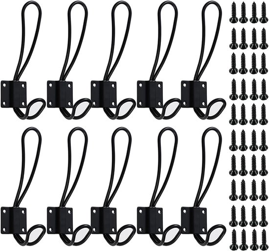 10er-pack – 13 X 4 Cm – Haken – Mantel-/kleider-/schrankhaken – Schmiedeeisen – Vintage-wandhaken – Vintage-doppelgarderobe – Inkl. Schrauben – Schwarz