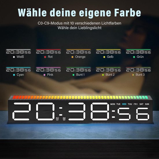 Digitaler Wecker, Zwei Led-alarme, Rgb-beleuchtung, Einstellbare Helligkeit, Sprachsteuerung Und Musikrhythmus.