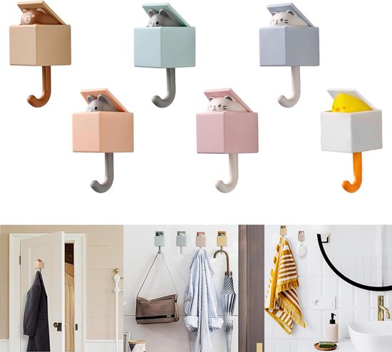 6er-packung Niedliche, Selbstklebende Wandhaken Mit Katzenmotiv Für Handtücher Und Mäntel