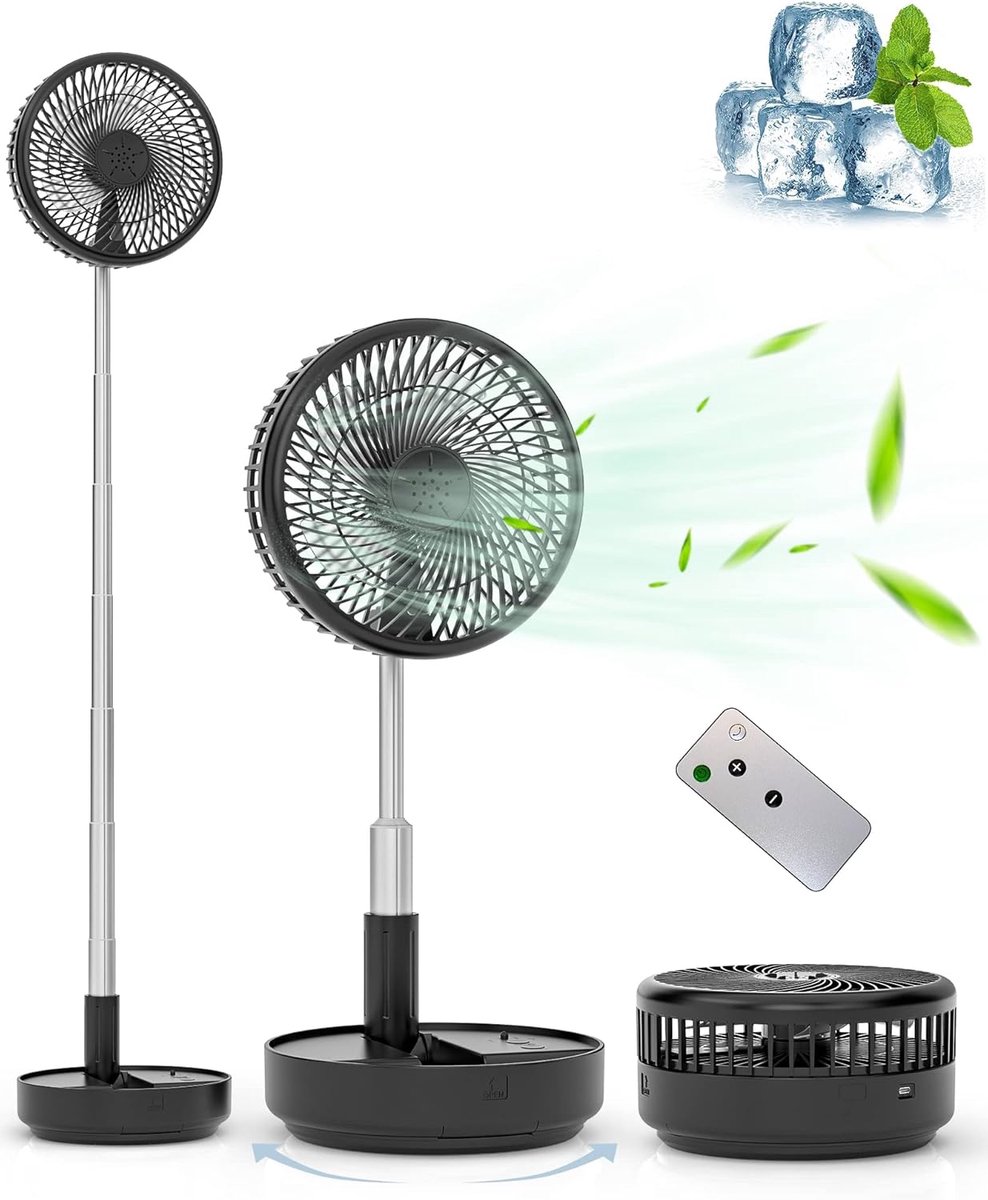 Wiederaufladbarer Standventilator – Zusammenklappbarer Tischventilator – 4 Geschwindigkeitsstufen – Fernbedienung – Usb-c