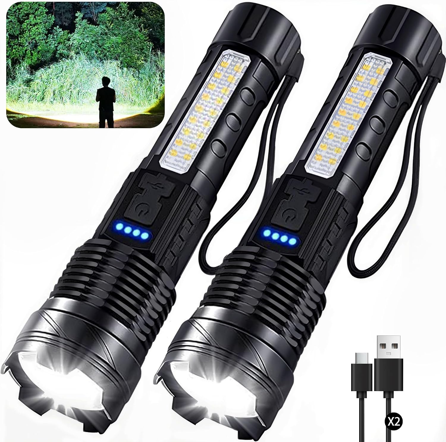 Wiederaufladbare Hochleistungs-taschenlampe Mit 7 Leuchtmodi, Superhellem Lichtstrahl, Wasserdicht (ipx6), Einstellbar, Für Notfälle Zu Hause Und Camping, 2er-pack