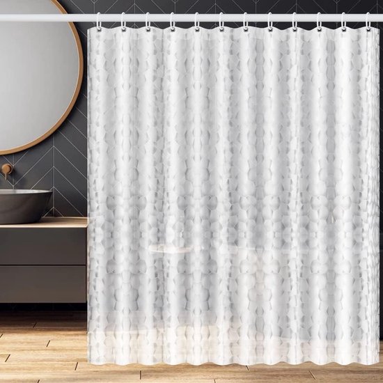 180 X 200 Cm Großer, Wasserdichter Duschvorhang Aus Eva Mit 3d-würfelmuster Und 12 Ringen