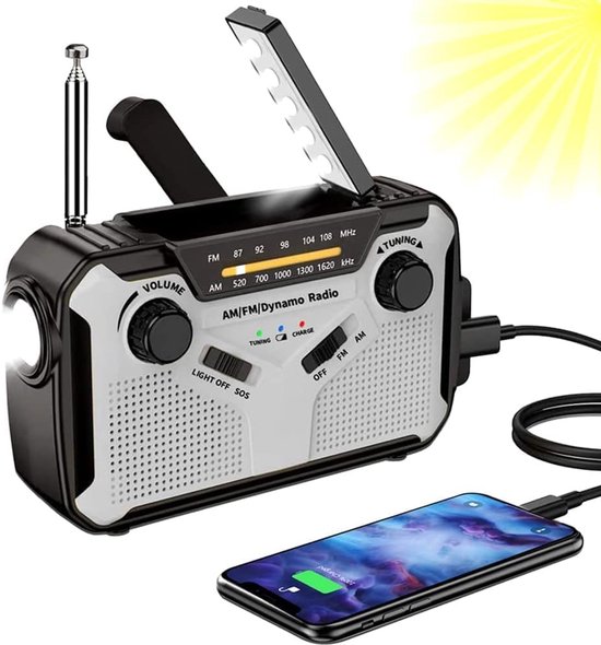 Tragbares Am/fm-kurbelradio Mit Dynamoantrieb Für Notfälle, 4000-mah-akku, Led-taschenlampe, Sos-alarm, Ideal Für Camping Und Outdoor-aktivitäten, Grau