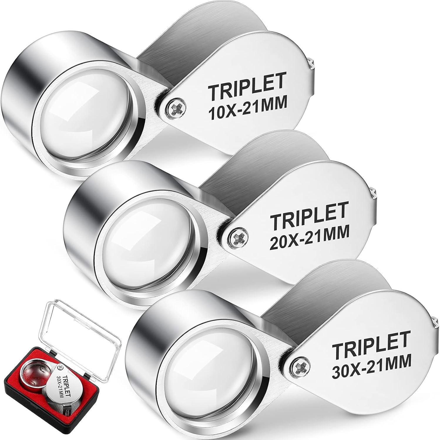 3-teiliges Vergrößerungsglas – Lupe – 10x – 20x – 30x Vergrößerung – Silbernes Triplet-design – 10x – 20x – 30x M – 3-teilig