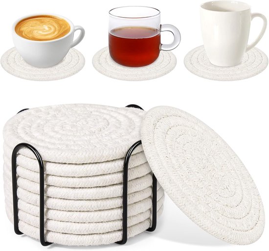 8-teiliges Set Saugfähiger Untersetzer Mit Aufbewahrungsständer – Einfaches Baumwollgewebe – Für Couchtische/verschiedene Tassen – 11 Cm Durchmesser