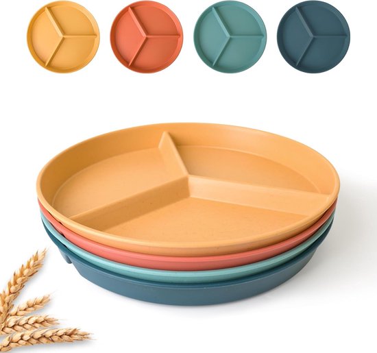 Geschirrset – 24,4 Cm – Mikrowellengeeignet – Spülmaschinenfest – Für Erwachsene – Zum Abnehmen – Dyb – Vierteiliges Set – Rot-gelb-blau-grün