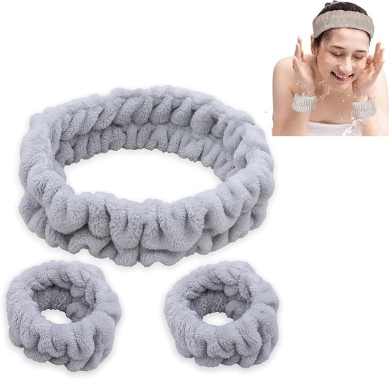 Spa-gesichtsreinigungs-set (stirnband Und Armband), Gesichtsreinigungs-set, Saugfähiges Make-up-haarband, Flauschiges Make-up-stirnband Für Damen Und Mädchen (grau), Gesichtsreinigungs-armband