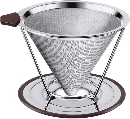 Hochpräziser, Wiederverwendbarer Kaffeefilter Aus Edelstahl 304 – Lebensmittelecht – Mit Doppelsieb – Silikongriff – (a)