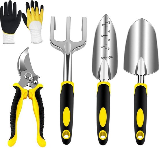 Garten-set Aus Edelstahl, Bestehend Aus Gartenschere, Handbetriebener Pflanzzange, Handrechen Und Gartenhandschuhen (750 X 5 Stück).