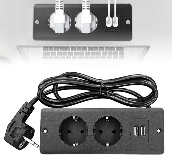 Versenkte Zweiwege-steckdose Mit Usb-anschluss Und 1,5 Meter Langem Kabel – Schwarz, Geeignet Für Schreibtische, Werkbänke Und Konferenztische.