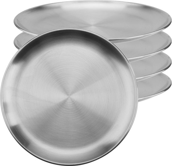 Edelstahl-speiseteller-set, 5-teilig, 20 Cm Durchmesser, Silberfarbene Metallteller, Runde Teller, Rostbeständig