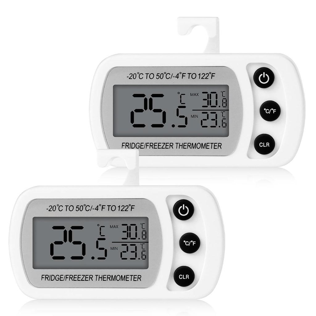 Zwei Kühlschrankthermometer, Ein Digitales Kühlschrankthermometer, Ein Kühlschrankthermometer Mit Magnethaken Und Ein Thermometer Für Das Gefrierfach.