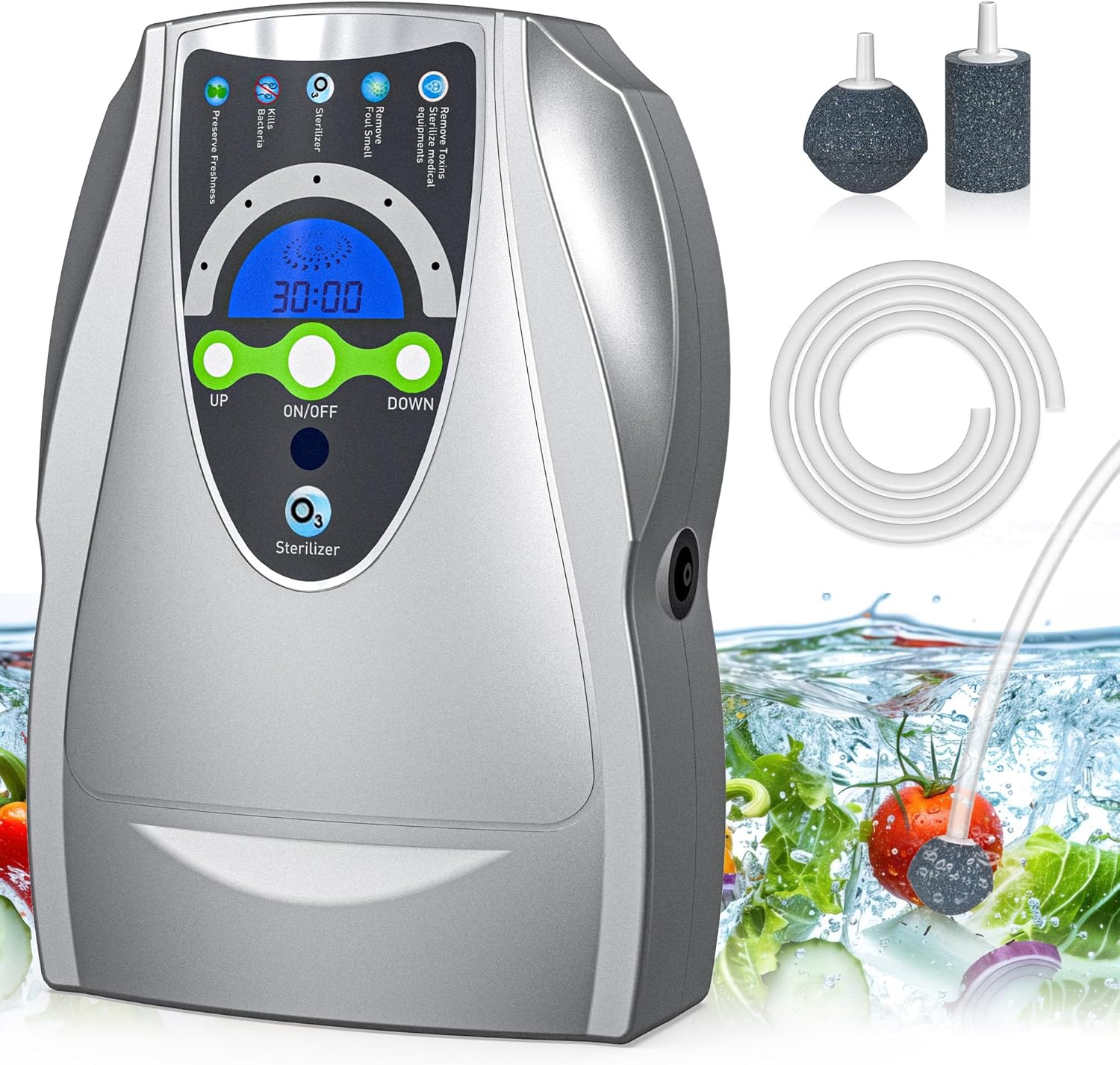 Ozongerät, 500 Mg/h Multifunktionales Ozongerät Zur Reinigung Von Luft, Wasser, Obst, Gemüse Und Zahnbürsten Aquariumreinigungsgerät – Silber