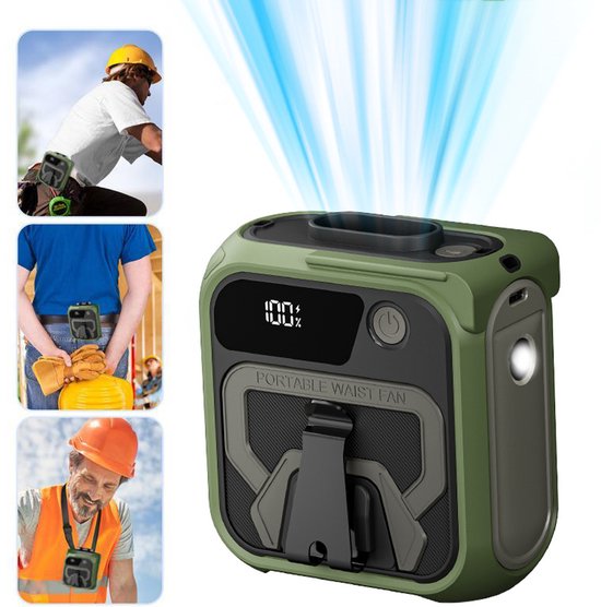 Tragbarer Hüftclip-ventilator, 5 Windgeschwindigkeiten, Led-anzeige, Freihändige Kühlung, Für Camping/outdoor, Grün.