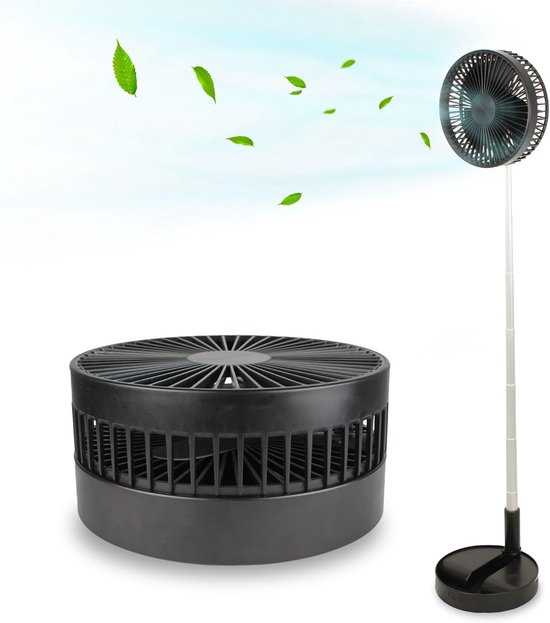 Kabellos Aufladbarer Ventilator, Teleskopauszug 35-100 Cm, Stand-/tischventilator, 4 Windgeschwindigkeiten, 180° Verstellbar, Leiser Betrieb (30 Db), Schwarz.