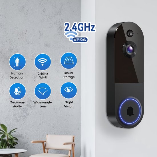Kabellose Wlan-video-türklingelkamera Mit Ki-bewegungserkennung, Ip65, Zwei-wege-audio, Nachtsicht, Schwarz, Nur 2,4-ghz-wlan, Batteriebetrieben