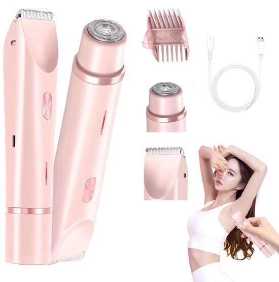 Elektrorasierer – 2-in-1 Damenrasierer – Wasserdicht – Bikini-trimmer – Leise – Einfache Rasur – Glatte Rasur – Rosa