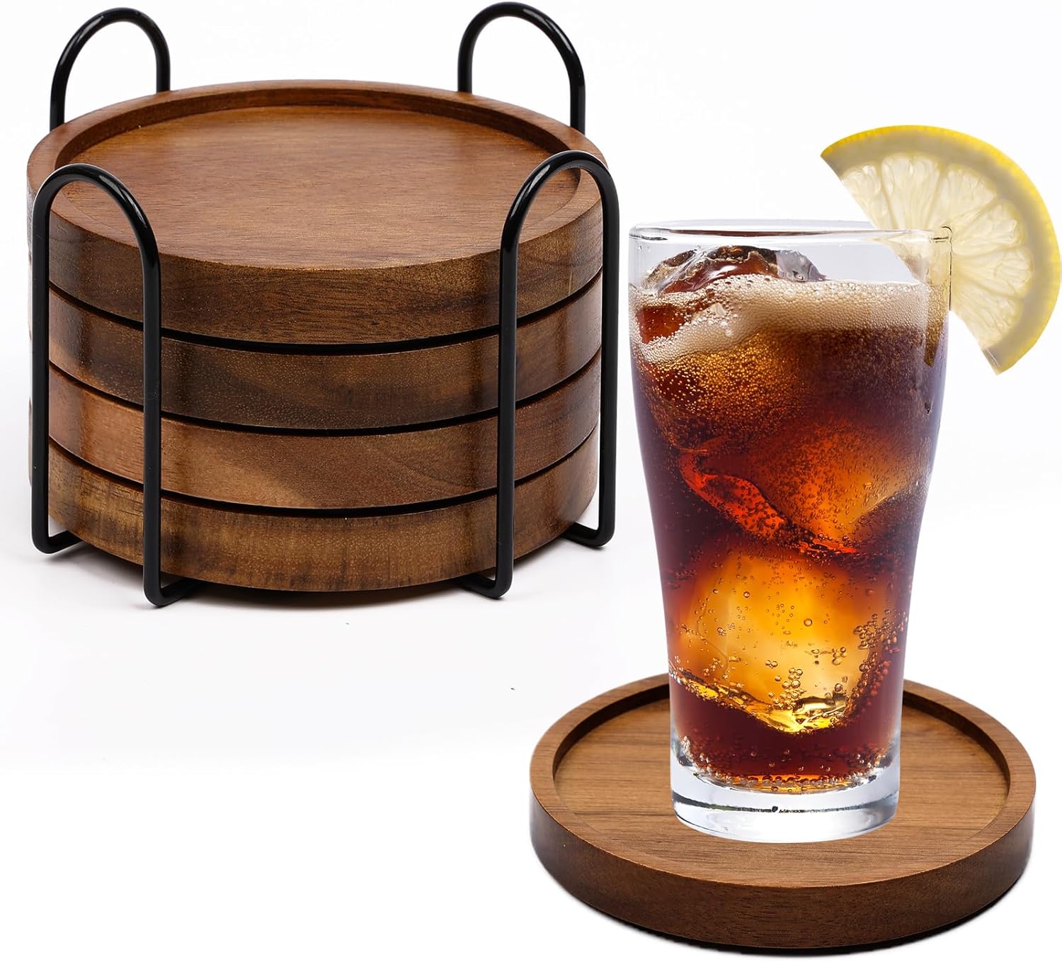 4-teiliges Saugfähiges Untersetzer-set Aus Holz Mit Aufbewahrungsständer Für Couchtische Und Bars