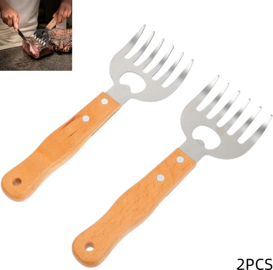 2-teiliger Fleischzerkleinerer Aus Edelstahl Mit Langen Holzgriffen (21,7 X 7,5 Cm), Geeignet Zum Zerkleinern Von Grillfleisch.