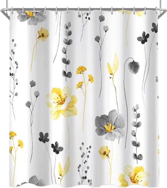Duschvorhang – Schimmelhemmender Duschvorhang – Antibakteriell – Badezimmervorhang – Graues Blumenmuster – Waschbar – Mit 12 Ringen – Für Bad Und Badewanne – 180