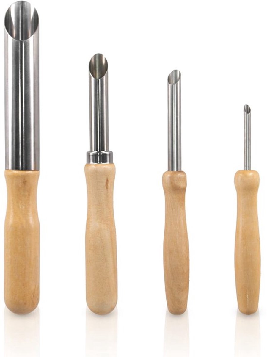 Ein Set Aus 4 Runden Tonlochausstechern Aus Edelstahl Mit Holzgriffen, Zum Bohren Und Modellieren.
