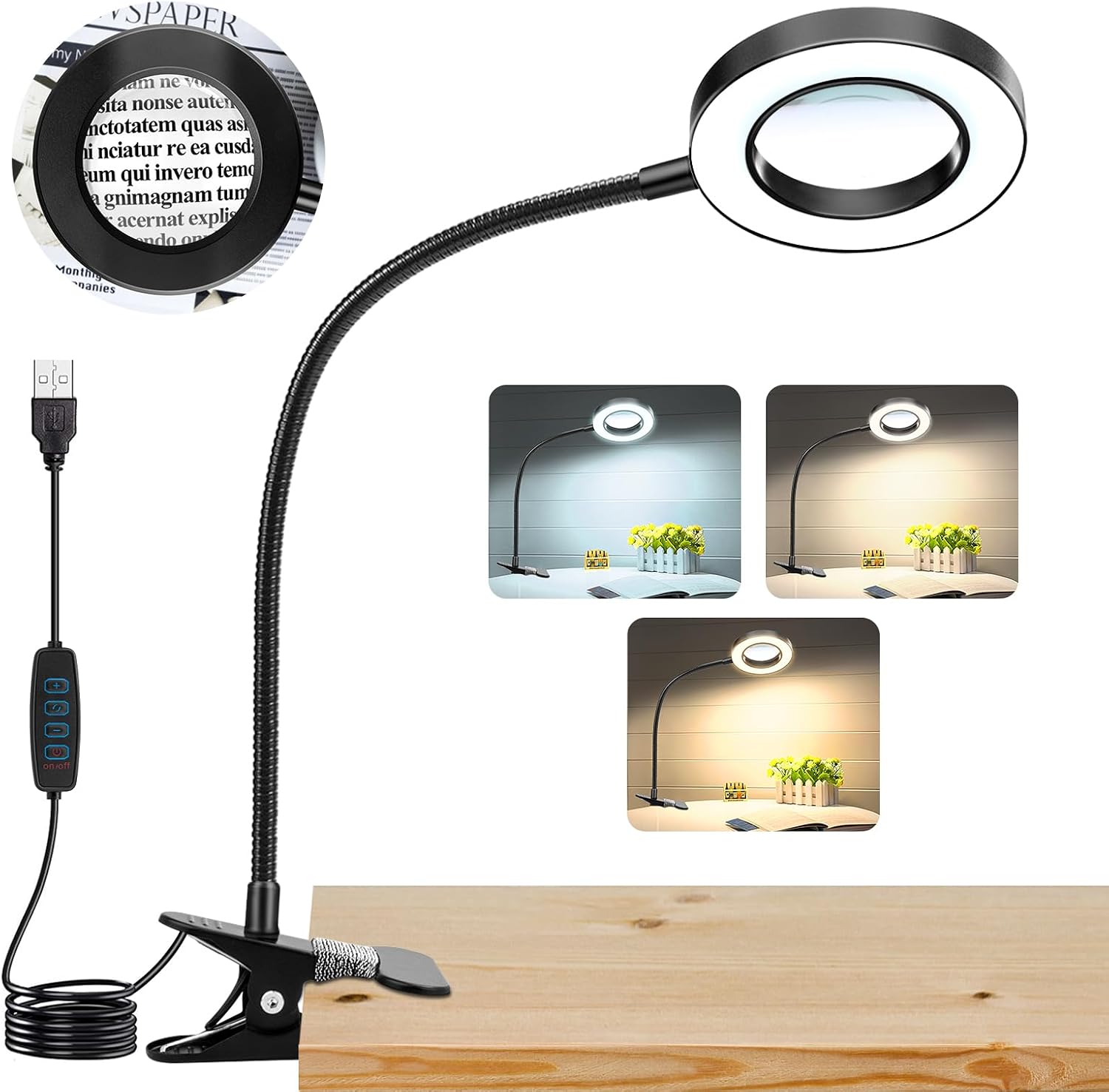 Led-tischlupe Mit Klemme, 3-stufig Dimmbar, Für Bett, Arbeit, Basteln Und Diy, Schwarz, 1 Stück