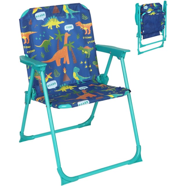 Relaxdays Kinder Klappstuhl, Campingstuhl mit Dino-Motiv, HBT: 51,5x36x37,5 cm, Picknickstuhl outdoor, Faltstuhl, bunt