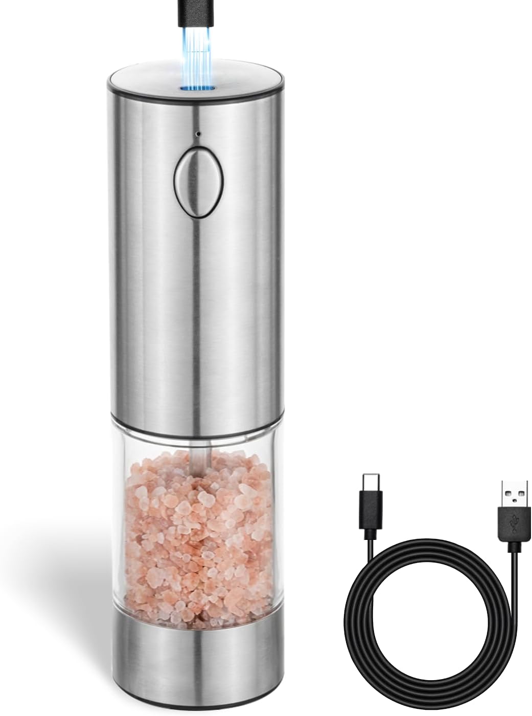 Elektrische Pfeffermühle, Einhandbedienung, Einstellbarer Mahlgrad, Schnellladefunktion, Inklusive Usb-ladekabel, Silberfarben (1 Stück).