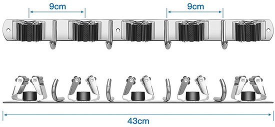 Wandmontierter Mopp-/besenhalter, Rutschfester Haken, Hohe Tragkraft, Für Küche/garten/garage/waschküche, Silberfarben