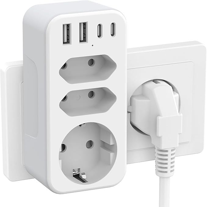 7-in-1 Multifunktions-steckdosenadapter Mit Usb-c, 4 Usb-anschlüssen, 1250 W/10 A Doppelstecker Für Zuhause, Büro Und Reisen (weiß)