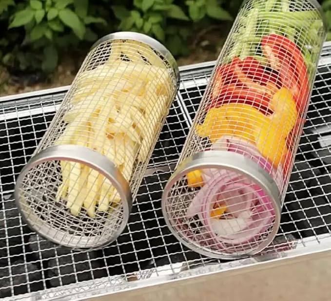 2 Grillkörbe Aus Edelstahl Drehbarer Grillkorb Aus Drahtgeflecht Für Gemüse, Mais, Fisch Und Fleisch Drehspieß-grillkorb