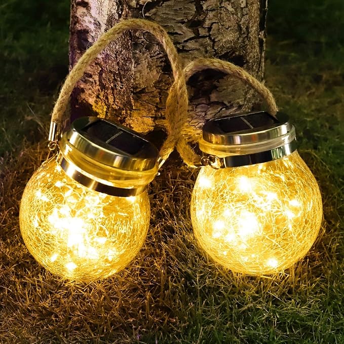 Solarbetriebene, Wasserdichte Hängeleuchte Mit Knistereffekt Für Garten Und Zuhause, Geeignet Für Partys Und Weihnachtsdekorationen [2er-pack, Warmgelbes Licht]