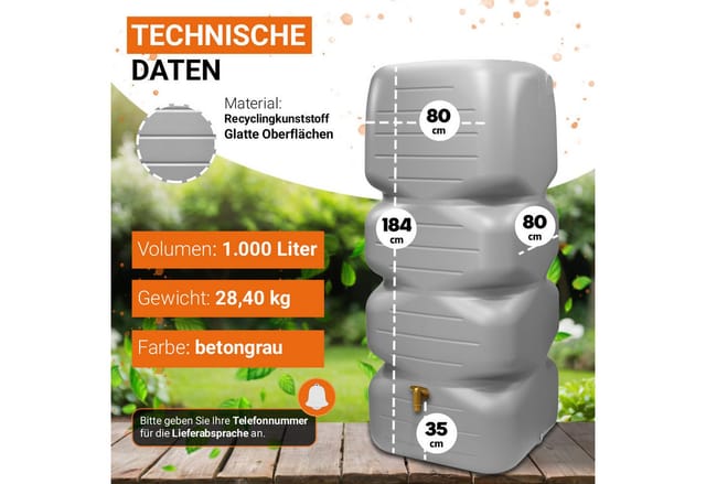 GARANTIA CUBUS Gartentank Komplett-Set 1000 L, betongrau inkl. Kunststoff-Auslaufhahn und Fallrohranschluss