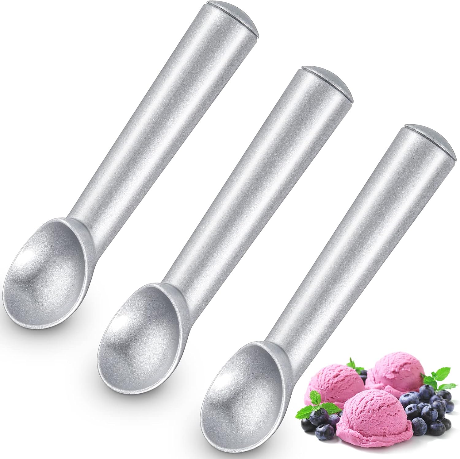 3-teiliges Eisportionierer-set, 18,5 Cm (7,28 Zoll), Antihaftbeschichtet, Frostsicher, Mit Komfortablem Griff, Professionell, Leicht Zu Reinigen, Für Eiscreme Und Sorbet, Silber