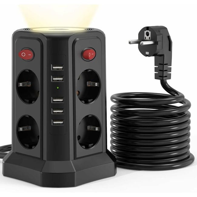 Steckdosenleiste Im Turmformat Mit Überspannungsschutz, 8 Steckdosen, 4 Unabhängigen Schaltern Und 5 Usb-anschlüssen Mehrere Steckdosen Verfügen Außerdem Über Integrierte Schalter.