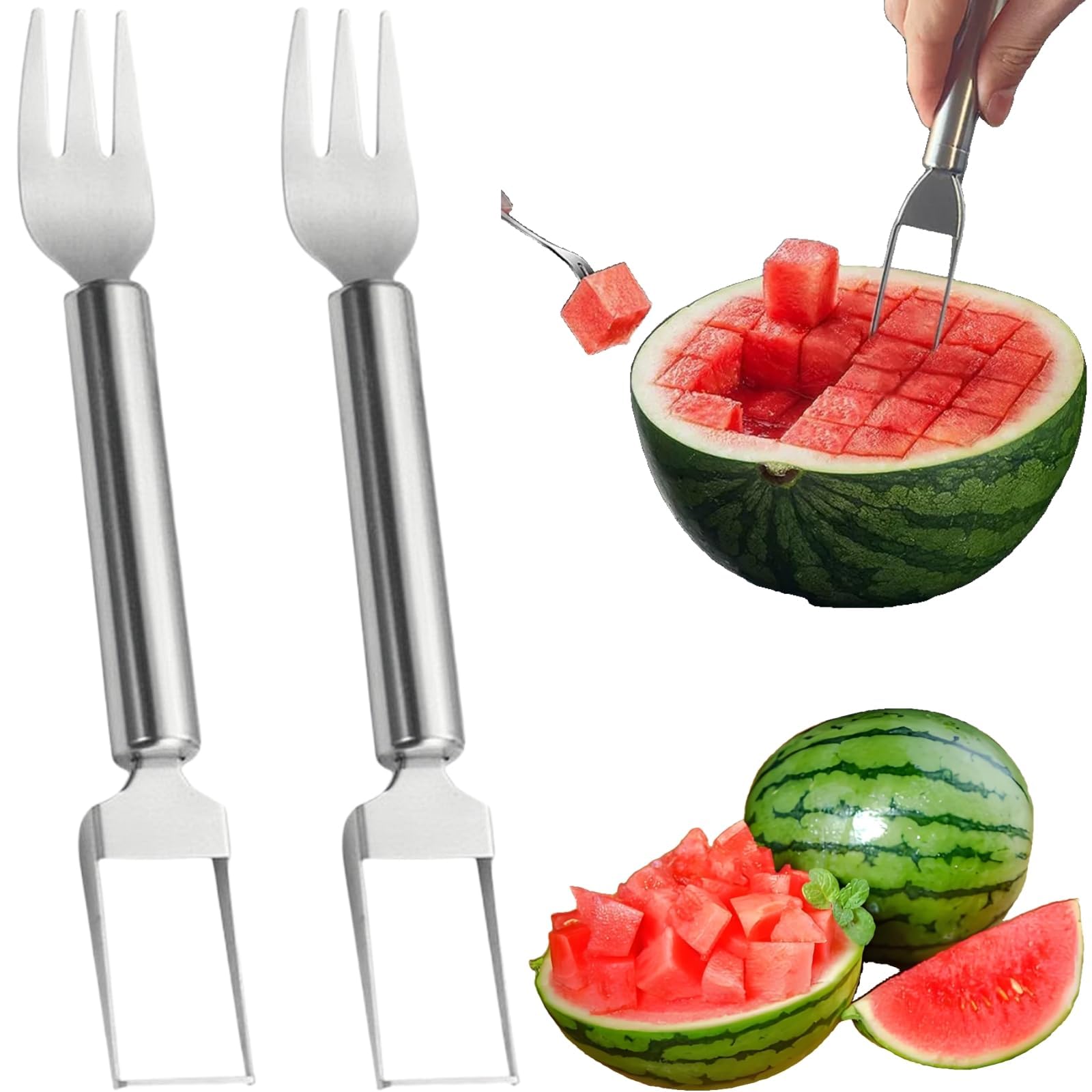 Wassermelonen-gabelschneider 2-in-1 Wassermelonenschneider 2-teilig Edelstahl Wassermelonenschneider Tragbarer Obstschneider Küchenhelfer Camping Picknick Zuhause
