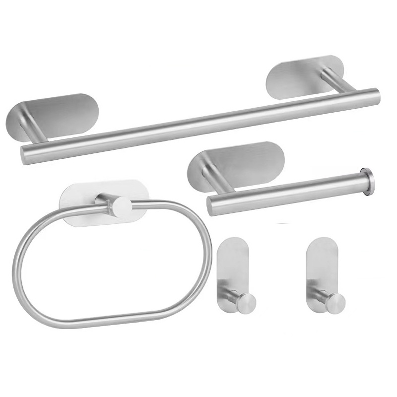 Selbstklebendes Handtuchstangen-set Für Badezimmer, Bestehend Aus Einem Handtuchhalter, Einem Toilettenpapierhalter, Handtuchringen, Zwei Handtuchhaken, Edelstahl, Zur Wandmontage.