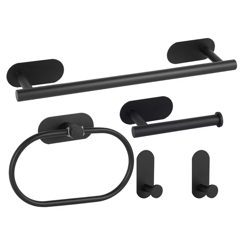 Selbstklebendes Handtuchstangen-set Fürs Badezimmer, Inklusive Toilettenpapierhalter, Handtuchringen Und 2 Handtuchhaken, Edelstahl, Zum Ankleben An Die Wand, Schwarz