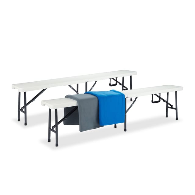 Bierbank 2er Set, Bierzeltgarnitur, klappbar, Kofferfunktion, Pflegeleicht, Kunststoff, hbt: 42x180x25cm, weiß - Relaxdays
