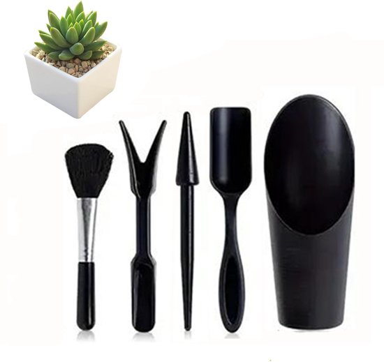 5-teiliges Pflanzwerkzeug-set Für Sukkulenten, Mini-garten-set Mit Schaufel, Bürste, Heber, Locher Und Erdeimer – Schwarz