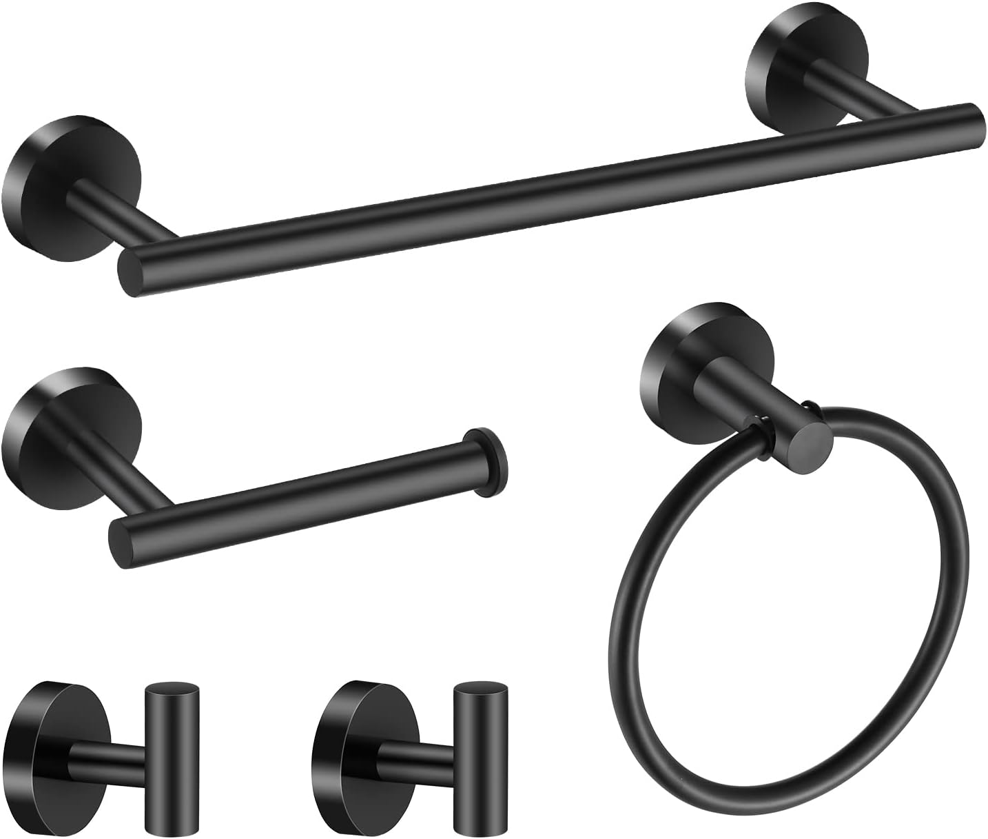 Dieses Schwarze Badezimmer-accessoire-set Beinhaltet Eine 40 Cm Lange Handtuchstange, Handtuchringe, Einen Papierhandtuchhalter Und Zwei Handtuchhaken.